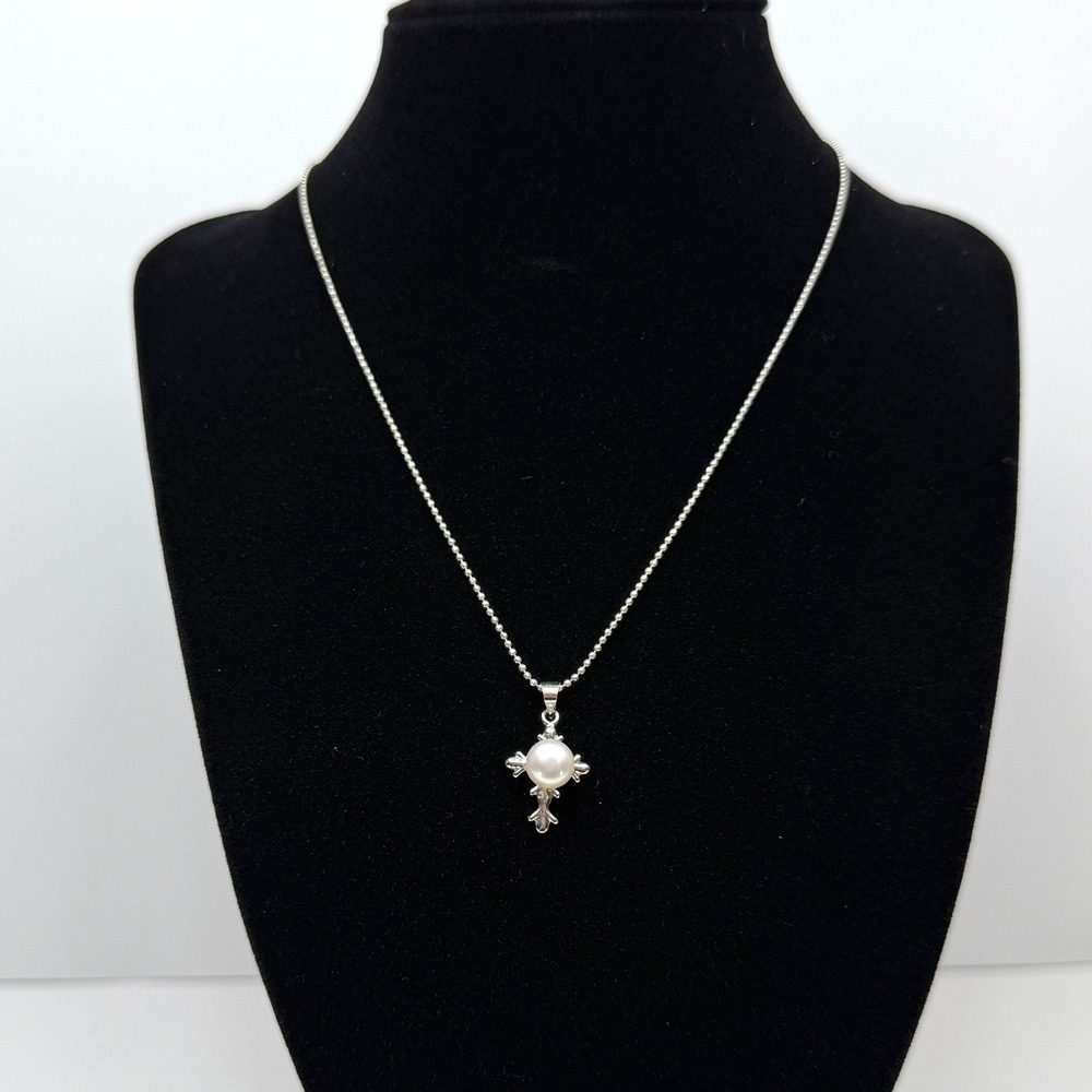 Faux Pearl Cross Pendant Necklace Silver Tone Beaded Chain Minimalist Jewelry